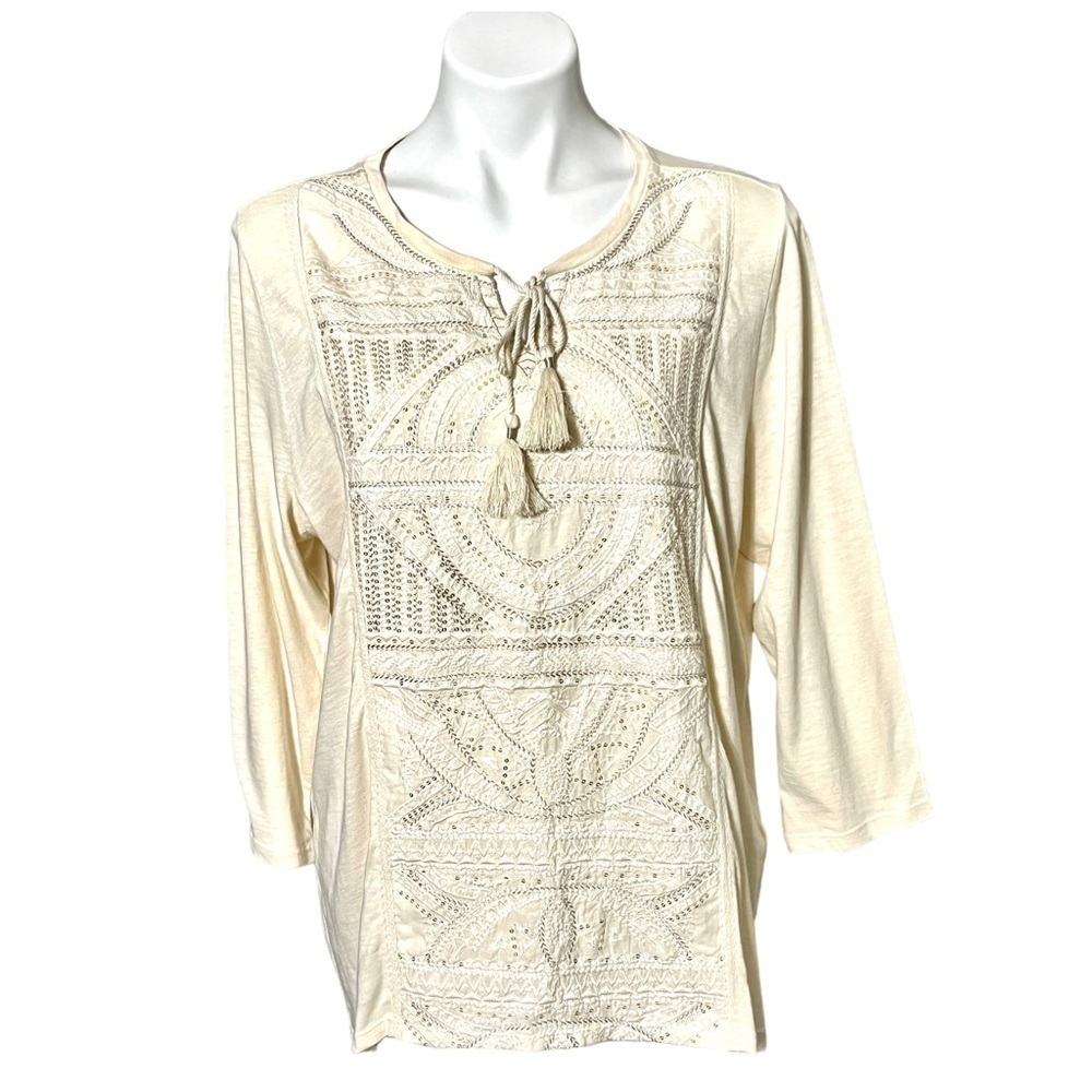 Chico’s Embroidered Three Quarter Sleeve Top Size 3 (X Large/16) Cream
